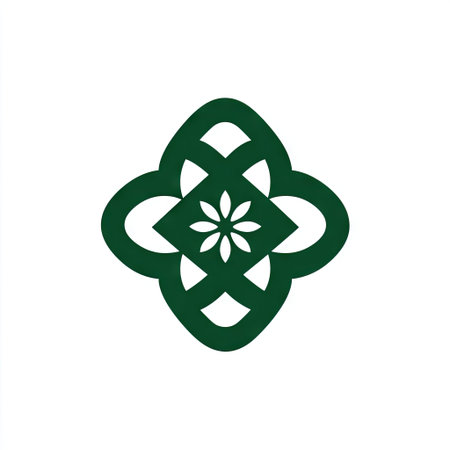 This artwork features an abstract geometric design characterized by intertwining shapes and floral elements in a rich green color, ideal for creative projects.の素材