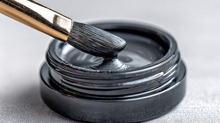 A detailed close-up of a black paint jar with a soft bristle brush resting at the edge. Ideal for any artistic projects in painting or crafts.の素材