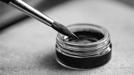 This image features a close-up of a paintbrush poised above a small jar of black ink, capturing the essence of artistic preparation in a minimalistic setting.の素材