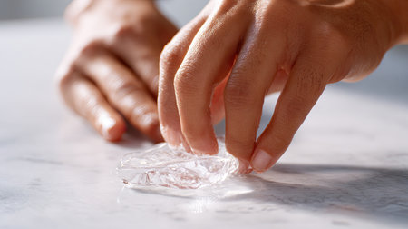 This image captures a close-up view of hands delicately manipulating a clear material on a smooth surface, highlighting the beauty of craftsmanship and detail.の素材