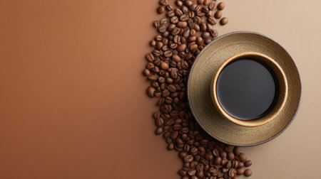 A serene composition featuring a dark cup of coffee set in a textured ceramic bowl, artfully surrounded by roasted coffee beans against a warm backdrop.の素材
