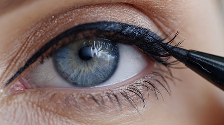 A captivating close-up image showcasing a female eye adorned with bold eyeliner, highlighting the intricate details of the lashes and the vibrant blue iris.の素材