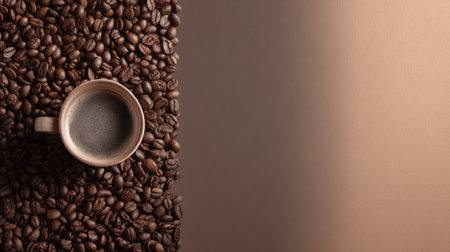 This captivating image features a mug filled with dark coffee surrounded by roasted coffee beans on a textured background, evoking warmth and comfort.の素材