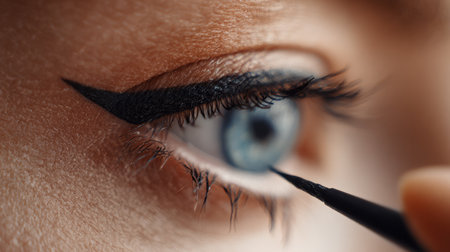 Detailed close-up image showcasing the application of bold eyeliner on a female model's eye, highlighting the beauty and precision in makeup artistry.の素材