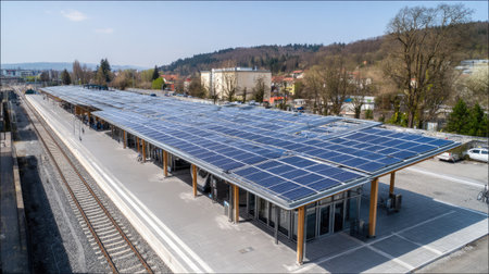 This image showcases a modern train station with solar panels on the roof, highlighting advances in sustainable architecture and eco-friendly energy solutions.の素材