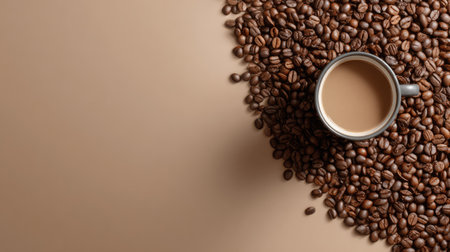 A captivating image featuring a cup of coffee resting in a sea of coffee beans on a smooth background, evoking warmth and comfort perfect for coffee lovers.の素材
