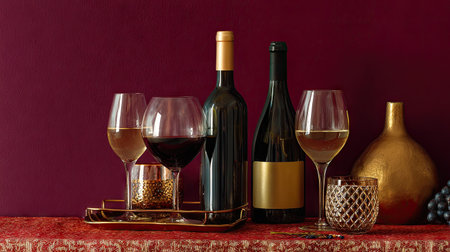 This elegant arrangement features stunning wine bottles and beautifully crafted glasses against a rich backdrop, perfect for festive events or intimate gatherings, evoking a warm and sophisticated ambiance.の素材