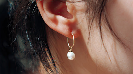 A close-up image showcasing an elegant gold hoop earring adorned with a pearl charm, highlighting beauty and style in natural light. Perfect for fashion enthusiasts.の素材