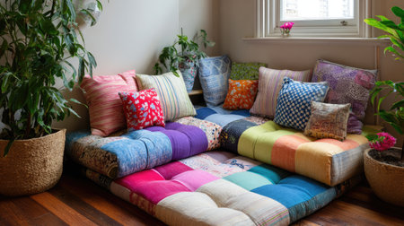 A cozy arrangement of vibrant floor cushions creates a relaxing area surrounded by lush houseplants, perfect for leisure and tranquility in any indoor space.の素材