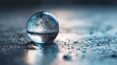 Delve into the mesmerizing beauty of a crystal clear water drop captured against a shimmering surface, reflecting light and intricate patterns.の素材