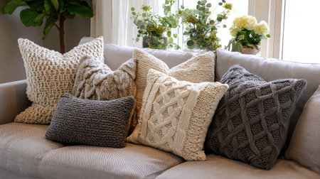 This inviting living room scene features a plush sofa adorned with an array of textured throw pillows in soft beige and gray, complemented by lush green plants.の素材