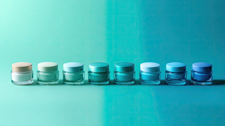 A harmonious arrangement of cream jars in varying shades of blue and green creates a visually pleasing display. Soft lighting enhances the aesthetic appeal and freshness.の素材