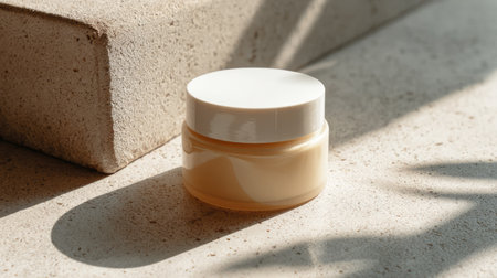 A beautifully lit cosmetic cream jar resting on a soft surface, capturing natural shadows and light. Ideal for beauty and skincare product promotion.の素材