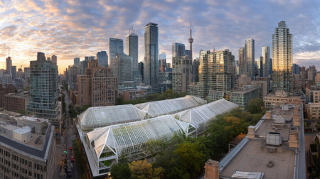This stunning panoramic view showcases a vibrant urban cityscape featuring modern architecture, lush greenery, and a beautiful sunrise sky.の素材