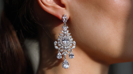 A stunning close-up of elegant diamond earrings worn by a woman, highlighting the intricate design and sparkling gemstones in natural light.の素材