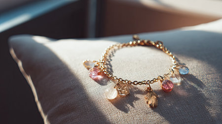 This stunning golden bracelet features colorful gemstones in a delicate design, beautifully displayed on soft fabric. Ideal for showcasing elegance and style.の素材