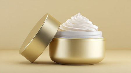 This image showcases a luxurious cream in a gold container with a whipped texture, set against a soft beige background, embodying elegance and beauty.の素材