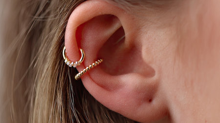 This close-up image elegantly showcases sparkling earrings worn on a woman's ear, featuring intricate gold designs and shimmering rhinestones. Ideal for fashion and jewelry enthusiasts.の素材