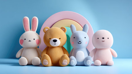 A charming display of plush toys featuring a bunny, bear, and other delightful characters, perfect for children's decor and gifts. Ideal for creating a cozy and playful atmosphere.の素材