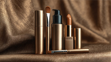 A stunning flat lay of various makeup products including lipstick, foundation, and brushes arranged elegantly on a luxurious bronze fabric, perfect for promoting beauty and elegance.の素材
