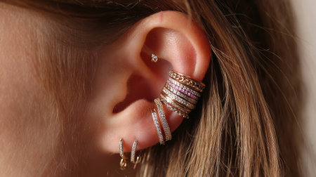 This captivating close-up image highlights a stylish ear adorned with multiple earrings and rings, showcasing modern jewelry trends perfect for any occasion.の素材
