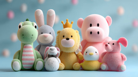 This delightful image showcases an adorable collection of plush toys, including a lion, bunny, and pig, perfect for children's playrooms or gifts.の素材