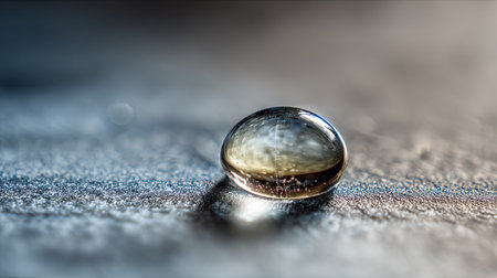 This close-up image captures a single water droplet resting on a textured surface, showcasing light reflections and intricate details, perfect for nature and design themes.の素材