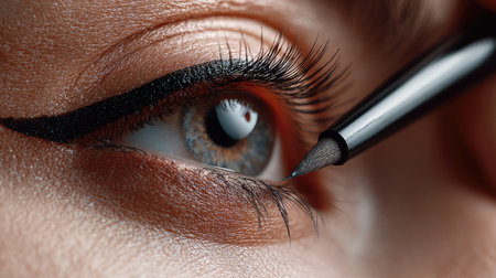 This close-up image showcases the intricate application of dramatic eyeliner on a beautifully enhanced eye featuring long lashes, emphasizing the artistry of makeup.の素材