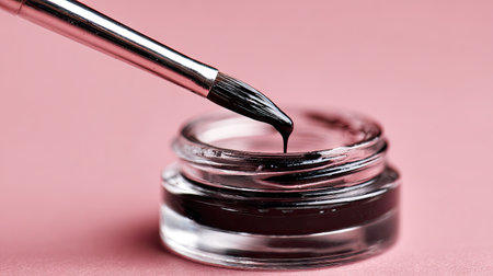 Closeup of a glossy black nail polish in a jar with a brush resting above, set against a soft pink backdrop, perfect for beauty and fashion enthusiasts.の素材