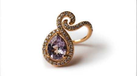 This exquisite gold ring displays a stunning pear-shaped amethyst surrounded by sparkling diamonds, embodying luxury and sophistication perfect for any occasion.の素材