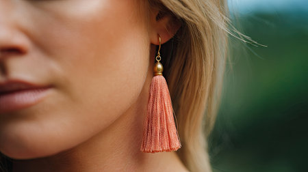 Captivating close-up image of a woman adorned with a coral tassel earring. The soft-focus background enhances elegance, highlighting beauty and style.の素材