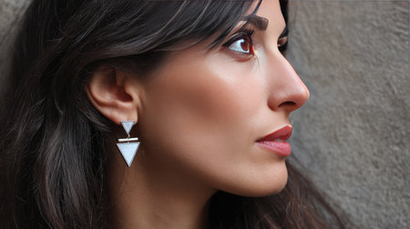 A beautiful woman elegantly poses, highlighting her unique statement earrings. Her makeup enhances her features, creating a stunning portrait perfect for fashion inspiration.の素材
