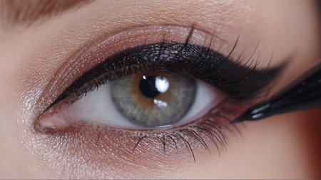 An artistic close-up showcasing the intricate application of makeup, highlighting the elegance of bold eyeliner and the natural beauty of the eye.の素材