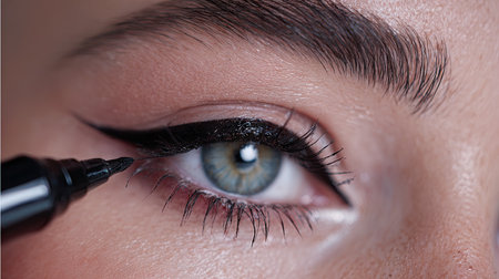 A striking close-up image of a woman meticulously applying winged eyeliner with a liquid pencil, showcasing precision in eye makeup and beauty aesthetics.の素材