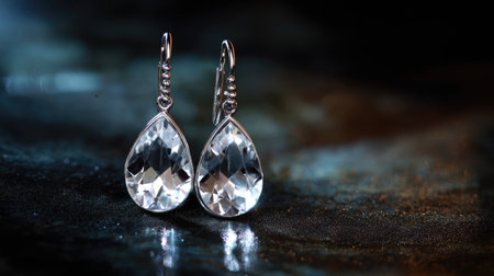 This image showcases elegant teardrop crystal earrings that shimmer against a dark backdrop, highlighting their intricate details and stunning reflections.の素材