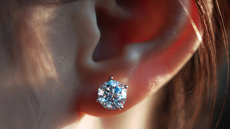 This close-up image showcases an elegant diamond earring adorning a woman's earlobe, highlighted by soft natural light, emphasizing its sparkling brilliance and fine details.の素材