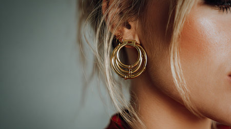 An elegant close-up portrait of a confident woman showcasing stylish gold hoop earrings, exuding beauty and sophistication against a soft background.の素材