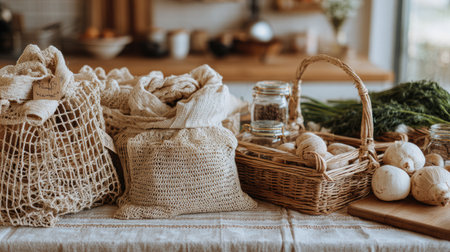 A beautiful rustic kitchen setting featuring fresh vegetables, handmade bags, and natural produce arranged on a wooden table, exuding cozy charm.の素材