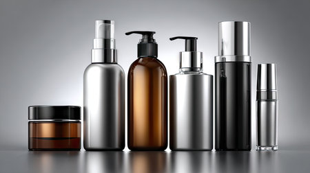 This collection features an array of stylish skincare products in sleek packaging, perfect for beauty enthusiasts and advertising needs. Ideal for modern aesthetics.の素材