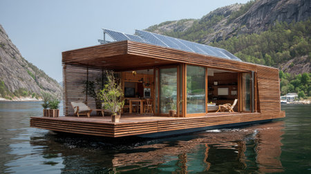 A stunning modern floating house featuring solar panels, wooden design, and large glass windows, perfect for sustainable living in a serene natural setting.の素材