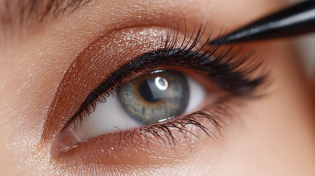 This close-up image showcases the intricate details of expertly applied eyeliner, highlighting lush lashes and flawless makeup techniques for a stunning beauty portrait.の素材