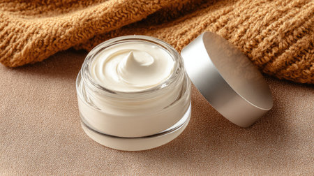 This image showcases a luxurious moisturizing cream elegantly placed in a glass container, surrounded by cozy textile elements, perfect for skincare and beauty projects.の素材