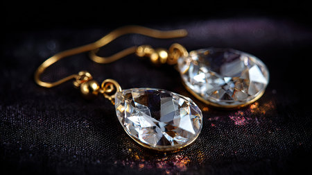 Stunning teardrop earrings made of crystal and gold, beautifully showcased against a dark fabric backdrop, ideal for fashion and jewelry enthusiasts.の素材
