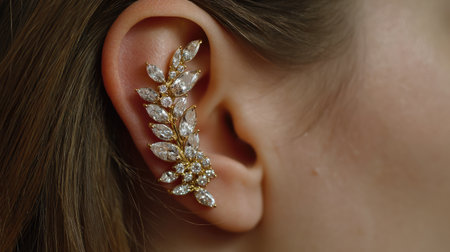 This stunning ear cuff features a gold plated base adorned with shimmering crystal accents, perfect for adding a touch of elegance to any outfit.の素材