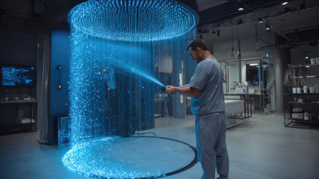 A modern laboratory environment showcasing innovative technology with ambient blue light creating a futuristic atmosphere for scientific research.の素材