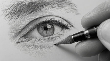 This close-up image showcases the intricate details of a realistic eye drawing, highlighting the artist's hand as it skillfully brings the artwork to life using a pencil.の素材