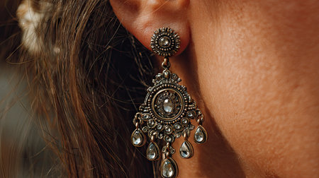 A stunning close-up image of ornate silver earrings adorned with gemstones, presenting a beautiful display of craftsmanship and elegance.の素材