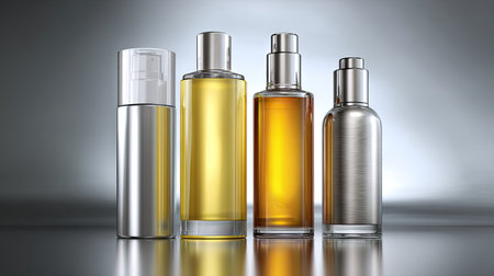 This image showcases a visually striking arrangement of four distinct perfume bottles, with reflective surfaces that enhance their elegant design and luxurious appeal.の素材