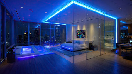 This modern bedroom features striking glass walls and vibrant neon lighting, creating a luxurious atmosphere with stunning city views at night.の素材