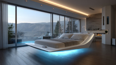 This modern bedroom features a unique floating bed and large windows that frame breathtaking mountain views, creating a tranquil and stylish retreat.の素材